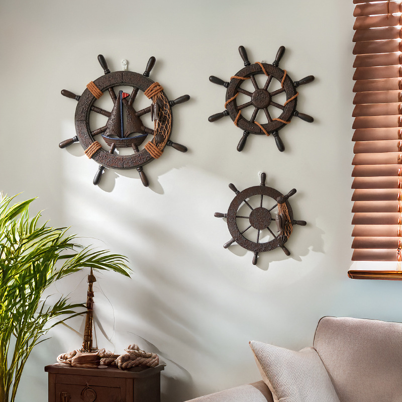 Home Bar Setup - Mediterranean Style Small Boat Steering Wheel